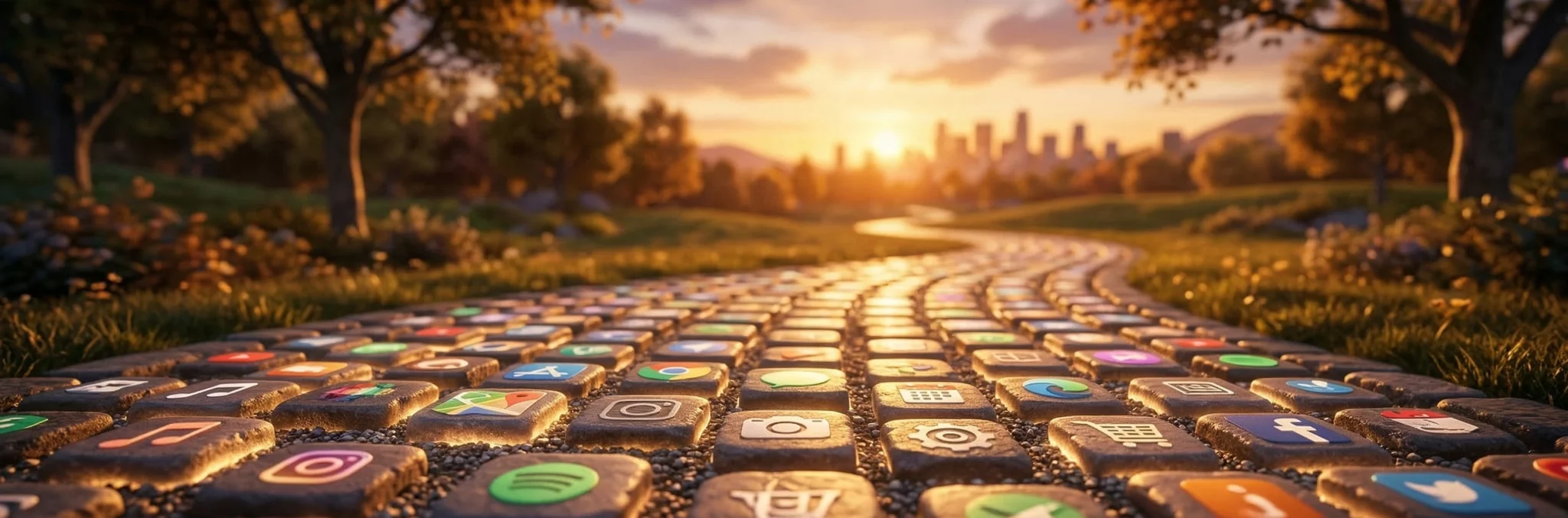 A winding path of stepping stones engraved with app icons, leading towards a city skyline at sunset